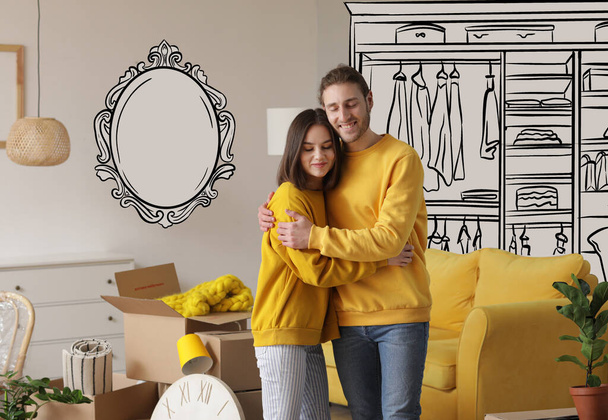 Boldog fiatal pár az új házban a költözés napján - Fotó, kép