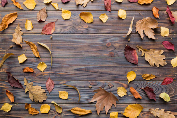 Composição de outono feita de folhas secas, cones e bolotas na mesa. Flat lay, vista superior, espaço de cópia. - Foto, Imagem