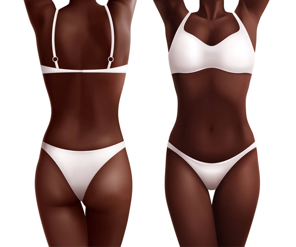Conjunto de cuerpo femenino negro con dos vistas realistas de la ilustración vectorial delantera y trasera de chica afroamericana - Vector, imagen
