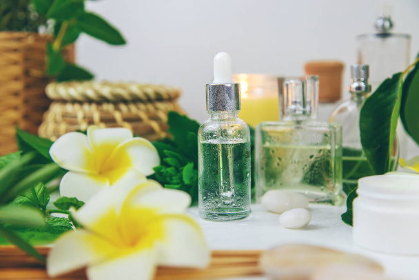 Background spa cosmetics and oils and herbs. Selective focus. Nature. - Foto, afbeelding