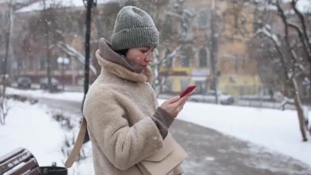 Meisje in bontjas fotograferen op smartphone camera op achtergrond van winterpark. Sneeuw valt, koud weer - Video