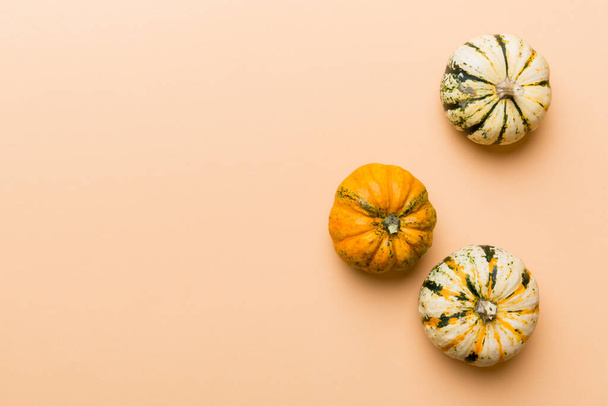 Autumn composition of little orange pumpkins on colored table background. Fall, Halloween and Thanksgiving concept. Autumn flat lay photography. Top view vith copy space. - Photo, image