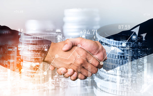 Business handshake on finance prosperity and money technology asset background . Economy and financial growth by investment in valuable stock market to gain wealth profit form currency trading - Photo, Image