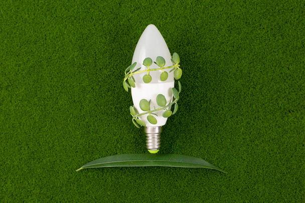 Λαμπτήρας εξοικονόμησης ενέργειας με πράσινα φύλλα σε φόντο γρασίδι, επίπεδη lay. Εξοικονομήστε ενέργεια. Χώρος για κείμενο - Φωτογραφία, εικόνα