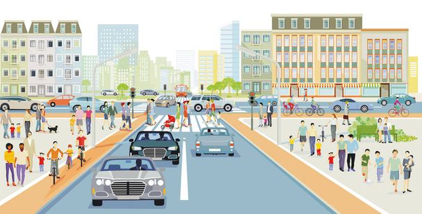 City life in residential district with road traffic, pedestrians and families at leisure, illustration - Vector, Image