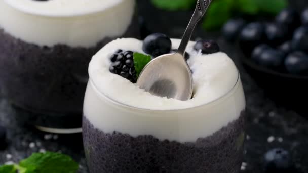 Healthy vanilla blueberry chia pudding in a glass with fresh berries. - Materiał filmowy, wideo
