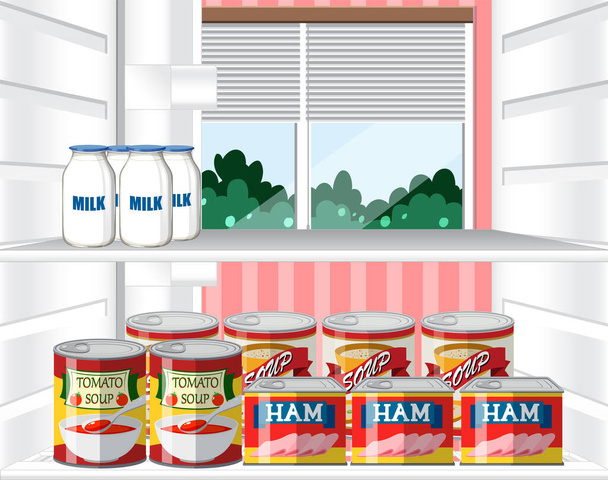Внутри холодильника с пищевой иллюстрацией - Вектор,изображение