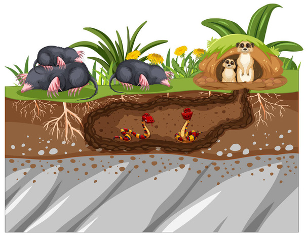 Podziemny dziura zwierząt w ilustracji stylu kreskówki - Wektor, obraz
