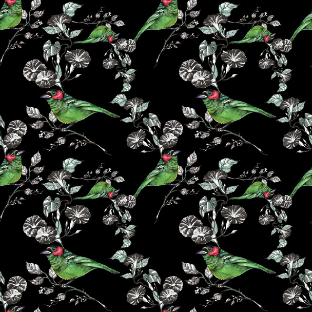 Seamless pattern with birds and flowers - Zdjęcie, obraz