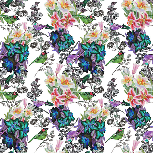 Seamless pattern with birds and lily - Foto, Imagen
