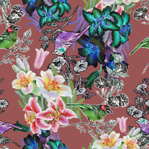 Seamless pattern with birds and lily - Foto, immagini