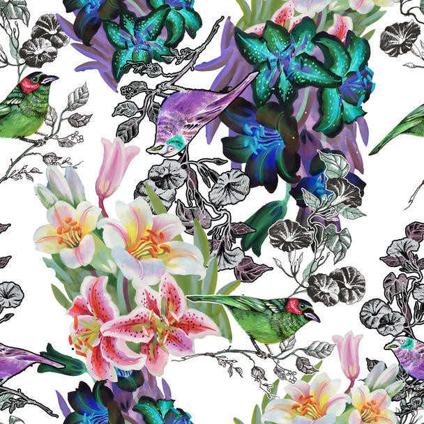 Seamless pattern with birds and lily - Φωτογραφία, εικόνα