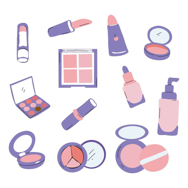 Makeup collection flat hand-drawn illustration - Vector, Image