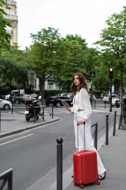 Stylish traveler with suitcase and smartphone standing near road on street in Paris  - Fotografie, Obrázek