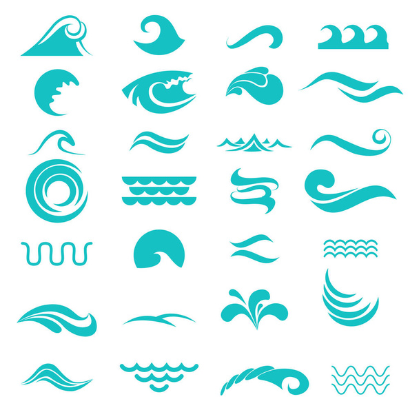 Set, collection of blue water, aqua, ocean, wave icons, signs, logos. Water liquid curve designs elements. Vector illustration. Blue swirl signs, symbols for your design - Вектор, зображення