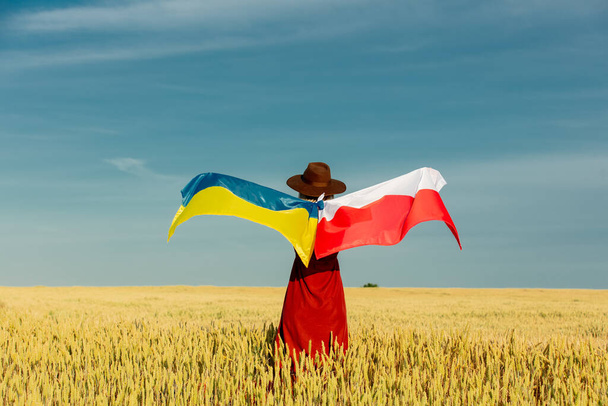 Chica con banderas de Ucrania y Polonia en el campo de trigo y el cielo azul en el fondo - Foto, Imagen