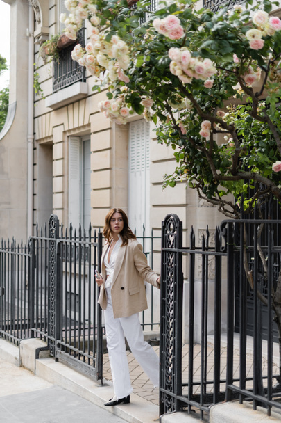 Stylish woman holding smartphone near fence and blooming rose tree on street in Paris  - Foto, Imagen