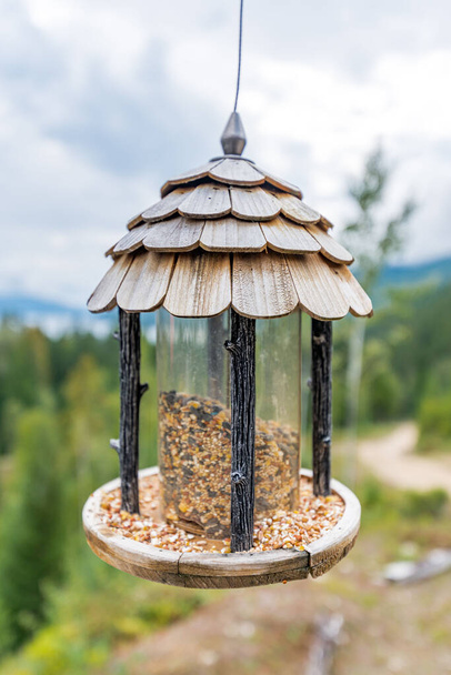 A vertical shot of a birdhouse with bird feed - Photo, image