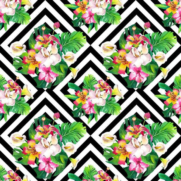 Exotic flowers watercolor seamless pattern. Tropical bouquet on rhombus geometric background. Hibiscus, rose, gardenia with monstera leaves texture. Botanic wrapping paper, wallpaper design - Foto, imagen