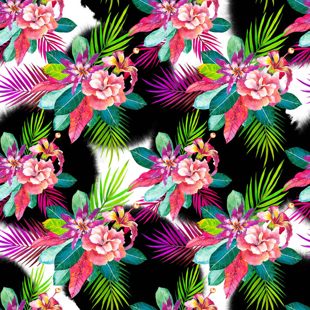 Exotic bouquet hand drawn seamless pattern. Tropical flowers on black and white blurred ink blots background. Hibiscus, roses with palm leaves watercolor texture. Botanic wrapping paper design - Photo, Image