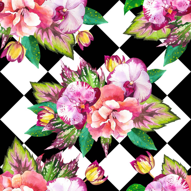 Orchids bouquet watercolor seamless pattern. Tropical flowers on rhombus ornament background. Exotic hibiscus, pink rose, peony with green leaves texture. Botanic wrapping paper, wallpaper design - 写真・画像