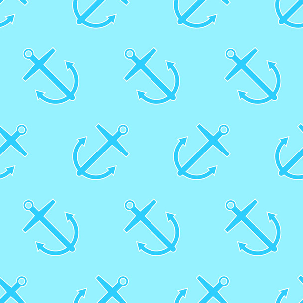 Anchors seamless pattern. Flat icon nautical elements in blue color with white outline. Sea background. Modern design for print on fabric, wrapping paper, wallpaper, packaging. Vector illustration - Vector, Image