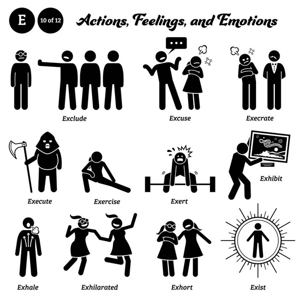 Stick figure human people man action, feelings, and emotions icons alphabet E. Exclude, excuse, execrate, execute, exert, exhibit, exhale, exhilarated, exhort, and exist.  - Vector, Image