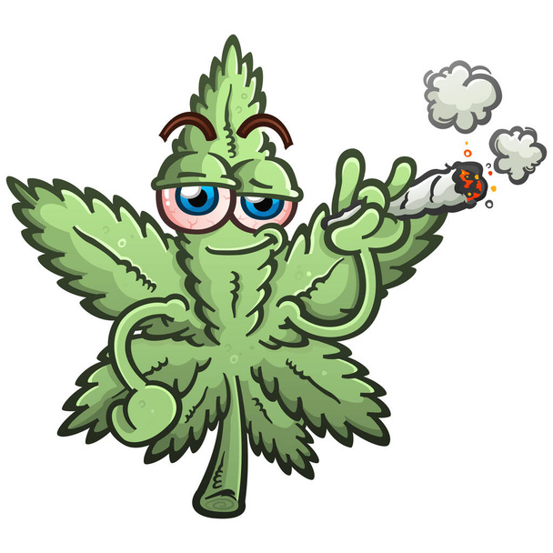 Een marihuana cannabis blad vector cartoon karakter illustratie roken van een joint en puffing rook - Vector, afbeelding