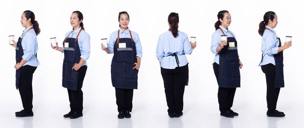 Full length 40s 50s Asian Senior Woman coffee barista waitress, 360 front side back rear, wear white formal uniform pants. Smile cafe female stands feels smile happy over white background isolated - Photo, Image