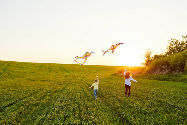 Happy children launch a kite in the field. Little boy and girl on summer vacation. - Φωτογραφία, εικόνα