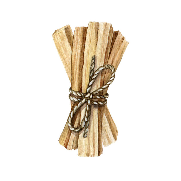 Palo santo stick bunch. Watercolor illustration. Hand drawn wooden aromatic sticks. Palo santo spiritual holy Bulnesia sarmientoi tree element for meditation, healing, relax, wellness. - Photo, Image