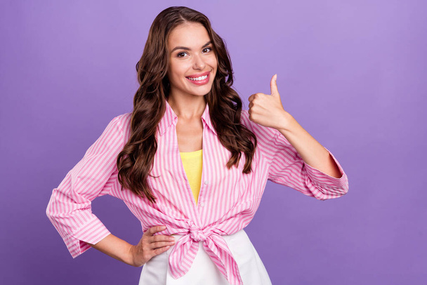 Photo portrait woman smiling in casual clothes showing thumb-up gesture isolated pastel purple color background. - Fotografie, Obrázek