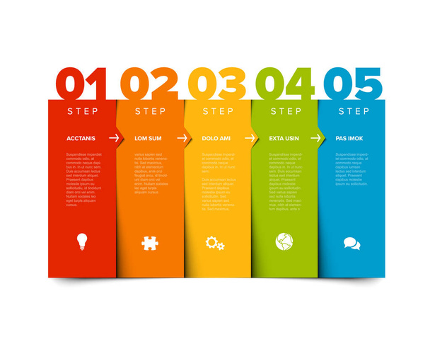 Šablona pěti kroků s popisem a velkými čísly. Pět svěžích barevných svislých pruhů sloupců v pořadí s popisem úkolů a stíny - Vektor, obrázek