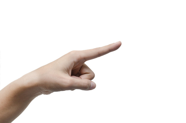 Woman finger pointing on white background - Photo, image