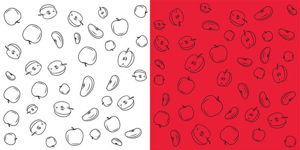 Various apples and apple slices in doodle style. Drawn vector fruit illustration for greeting cards, posters, recipes with two background - Vektor, obrázek