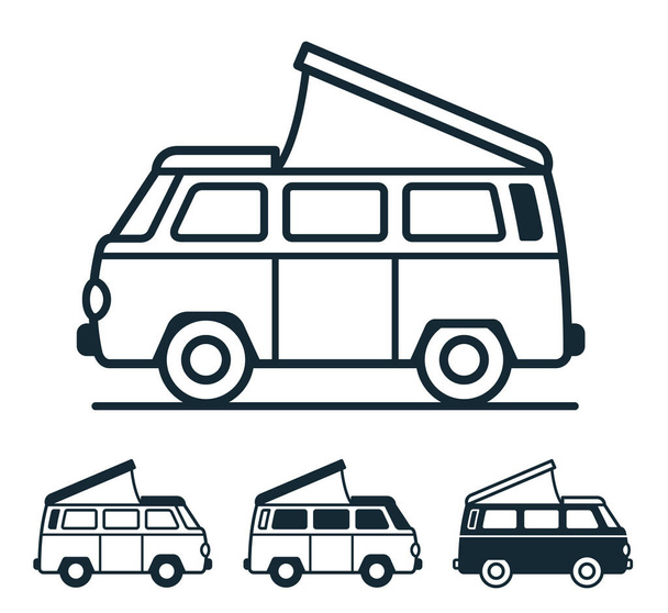 Vintage van for travel and camping with roof tent on white background in four versions - vector icon collection - Вектор, зображення
