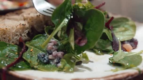 Close-up tiro de comer mistura de salada fresca servido com pão torrado. Refeição vegetariana saudável para almoço no café ou restaurante - Filmagem, Vídeo