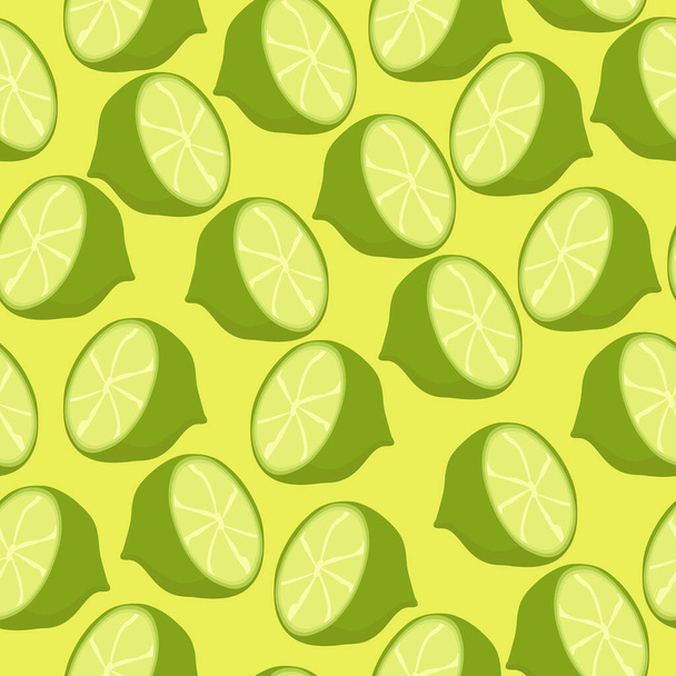 Half lime seamless pattern, juicy citrus fruit on yellow background vector illustration - Διάνυσμα, εικόνα