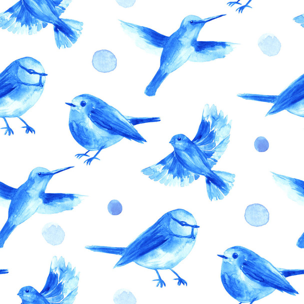 Seamless pattern with blue watercolor birds isolated on white background. Hand painted illustration. Applicable for wallpaper, fabric, textile, wrapping etc. - Φωτογραφία, εικόνα