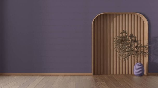 Interior Design Hintergrundkonzept Idee in lila Tönen. Leeres Wohnzimmer mit Gipswand, Parkett und Holzbogennische, Vasen mit Topfpflanzen, Ähren, Garbe - Foto, Bild