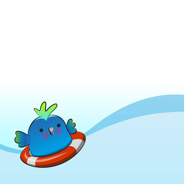 Cute round parrot in a lifebuoy at sea. Vector illustration. - Vector, Image