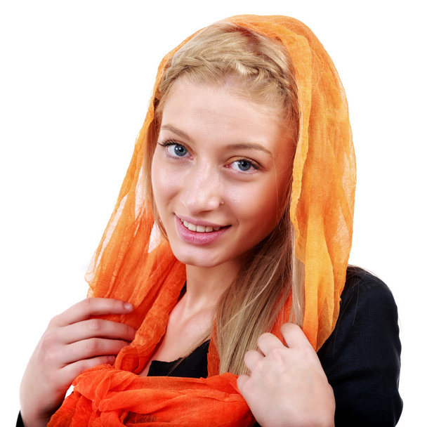 beautiful blonde woman with blue eyes and colorful scarf - Foto, Bild