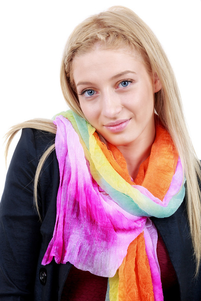 beautiful blonde woman with blue eyes and colorful scarf - Photo, Image