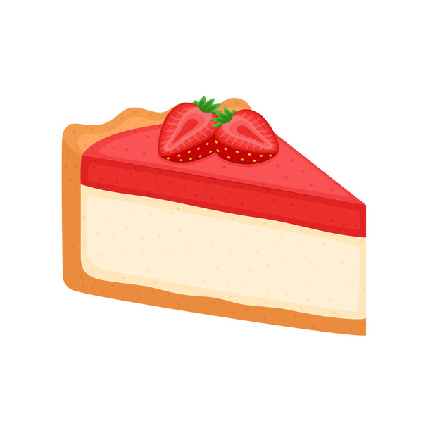 Piece of strawberry cheesecake. Strawberry pie isolated on white background, vector illustration - Vector, Imagen