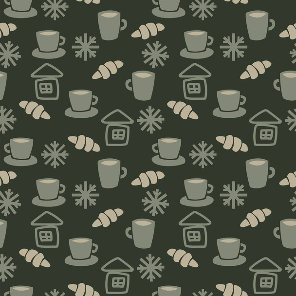 Coffee cups and croissants seamless pattern design for fashion textiles, crafts, branding, marketing and web materials - Vector, Image