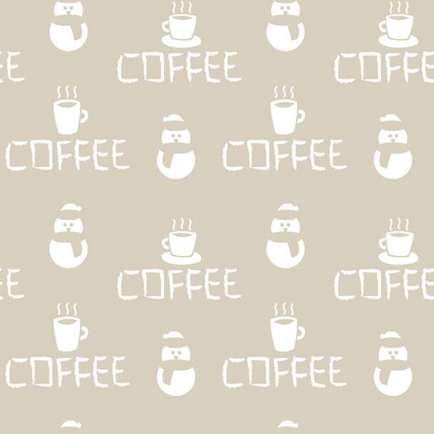 Coffee cups and snowmen seamless pattern design with texts for fashion textiles, crafts, branding, marketing and web materials - Vector, Image