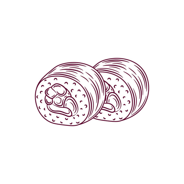 鉄火巻き寿司ロールアウトライン。マグロの切り身と日本の伝統料理のアイコン. - ベクター画像