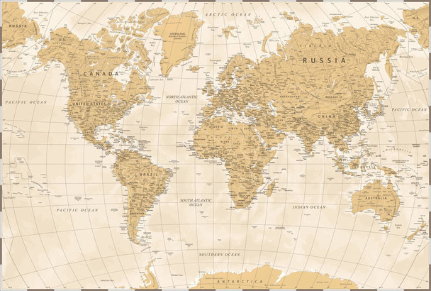 Винтажная политическая карта мира - векторная детальная иллюстрация
 - Вектор,изображение