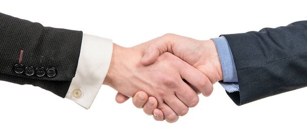 мужчины пожимают руки после успешной бизнес-сделки, партнерства. Горизонтальный дизайн плаката. Заголовок веб-баннера, пространство для копирования - Фото, изображение