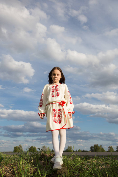 ritratto a figura intera di una triste ragazza ucraina in abiti ricamati contro il cielo. I bambini dell'Ucraina sognano la pace e la sicurezza della vita. Sostenere l'Ucraina - Foto, immagini